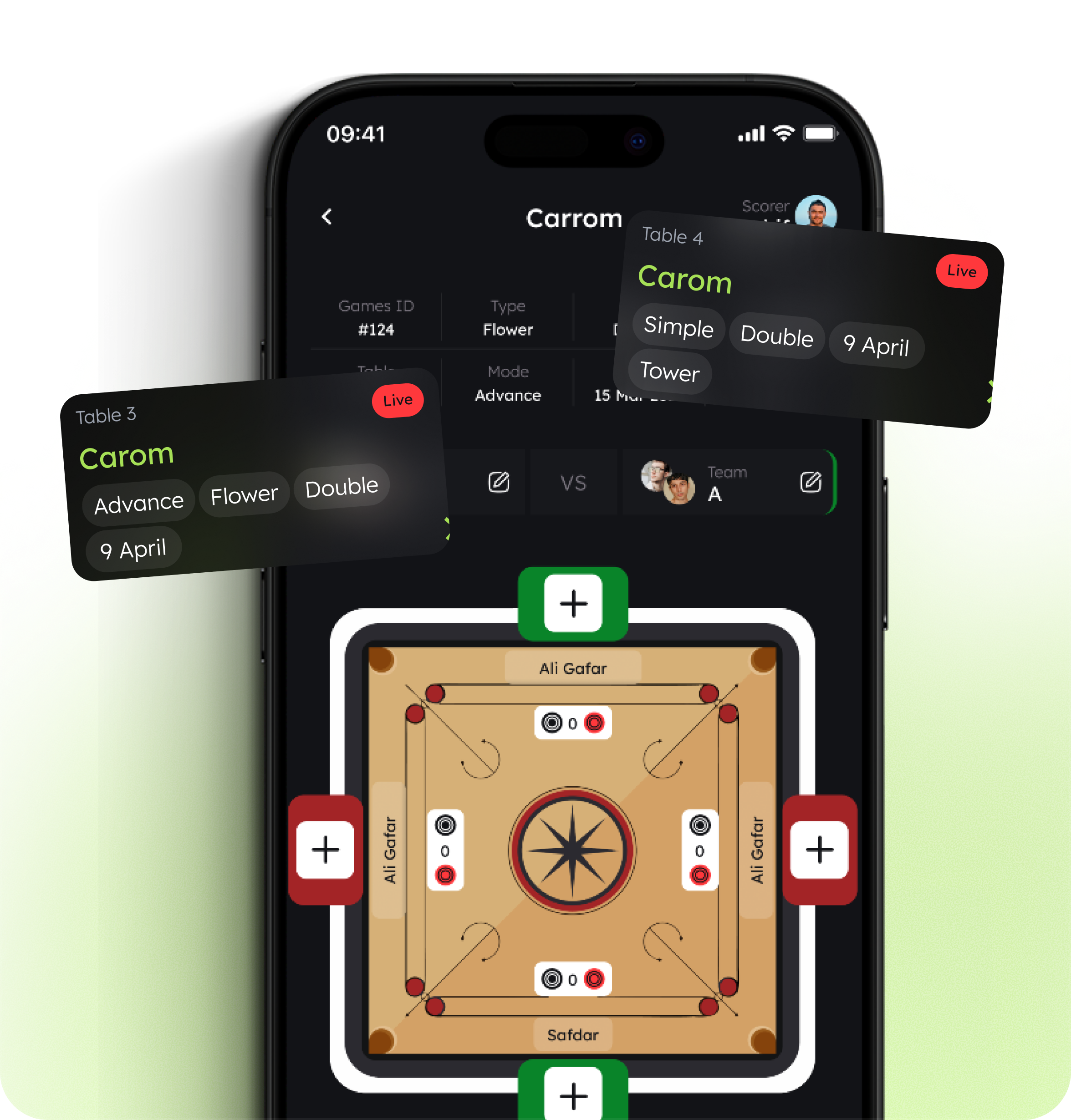 ScoreTT match cards floating around phone